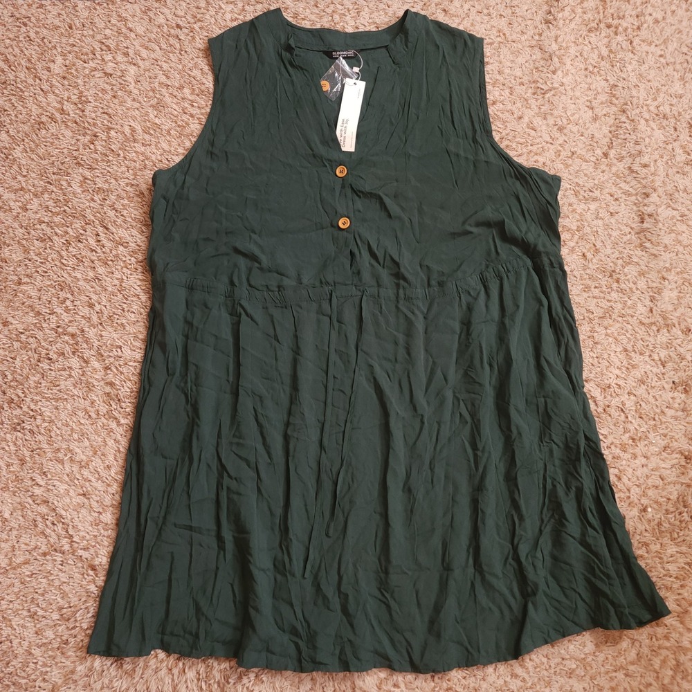 Bloomchic Dress Women 22-24 Green Sleeveless Rayon Drawstring V-Neck Button